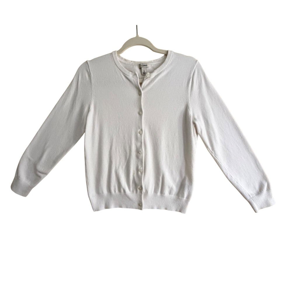 LL Bean Womens White Button Front Cardigan Sweater Crew Neck Small Regular
